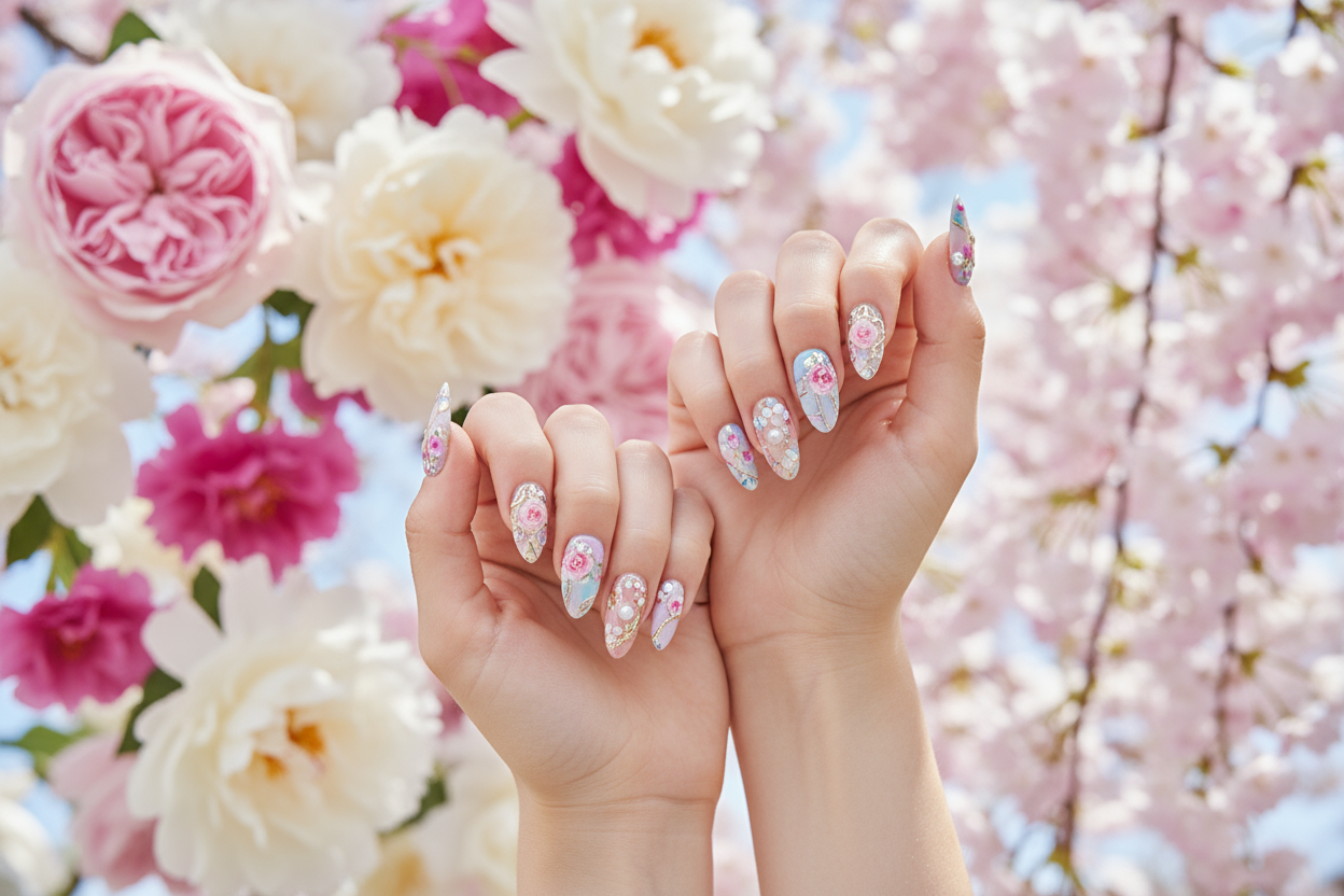 nail art hands in the air with flowers in the background